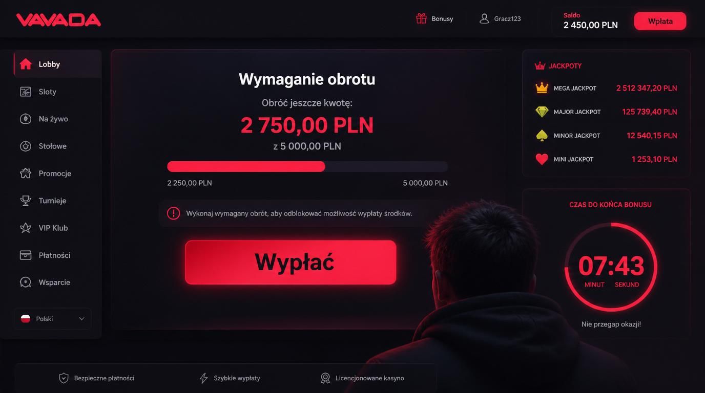 Gracz analizujący wymóg obrotu przed wypłatą z bonusem.