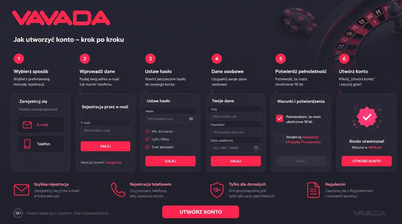  Instrukcje krok po kroku rejestracji: e-mail, telefon, hasło, kraj, waluta, pełnoletność. 