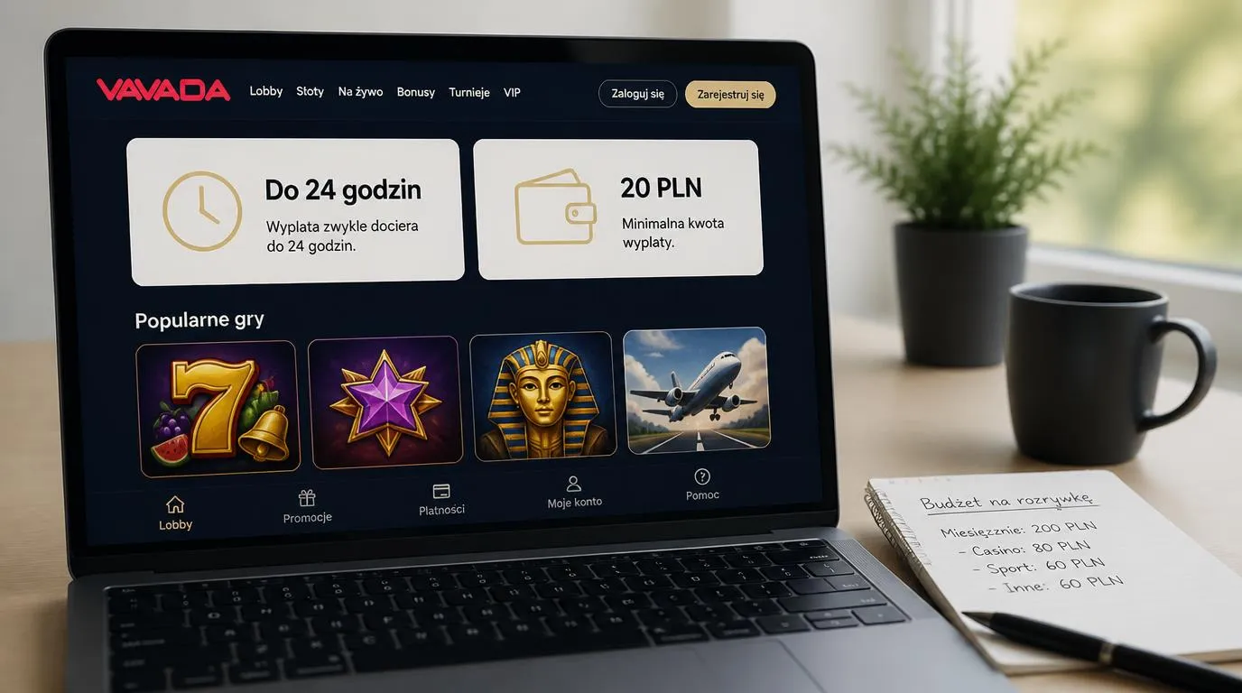Ekran z informacją o wypłacie do 24 godzin i depozycie 20 PLN obok kafelków gier kasynowych