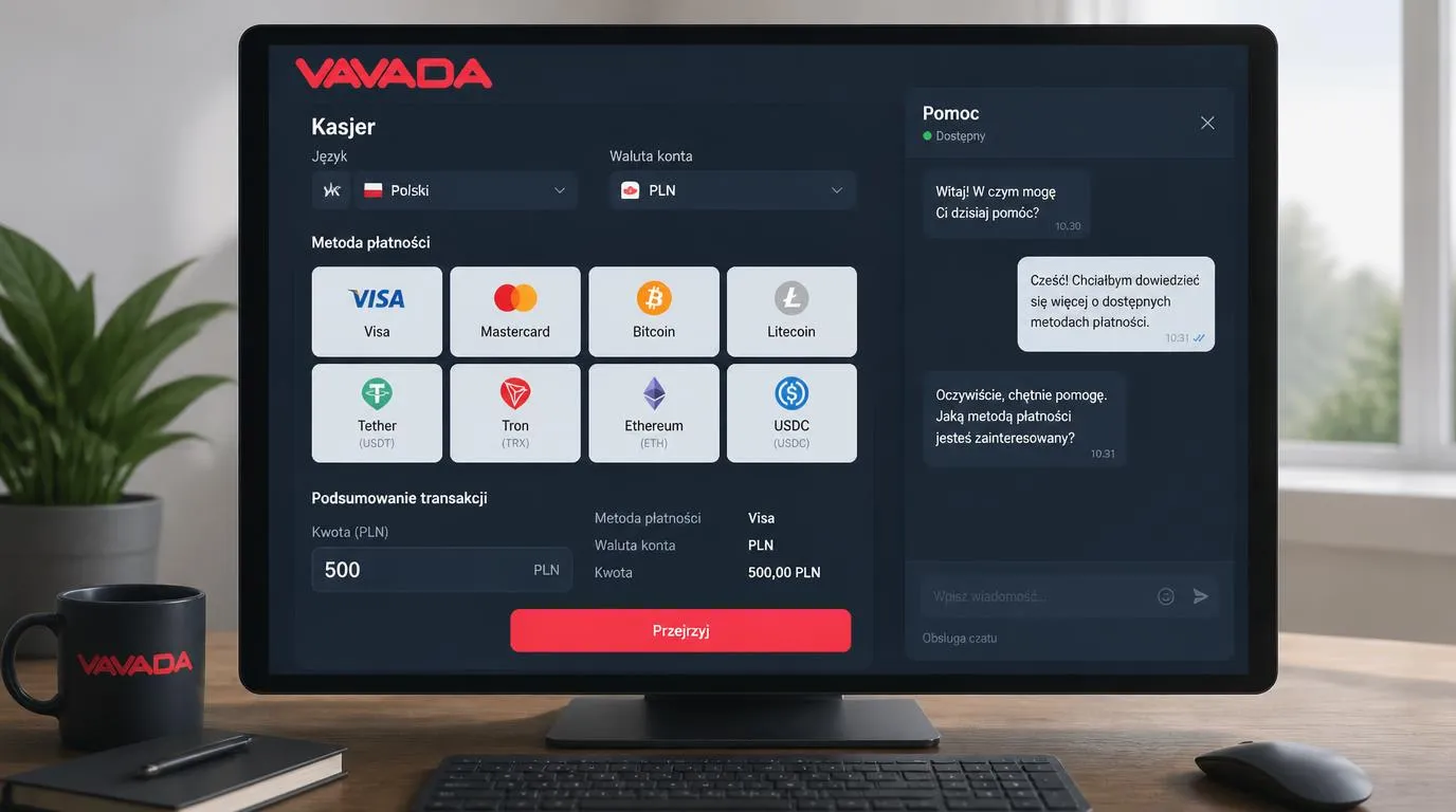 Panel kasy w języku polskim z wyborem PLN, płatności kartą i kryptowalutami oraz przyciskiem czatu