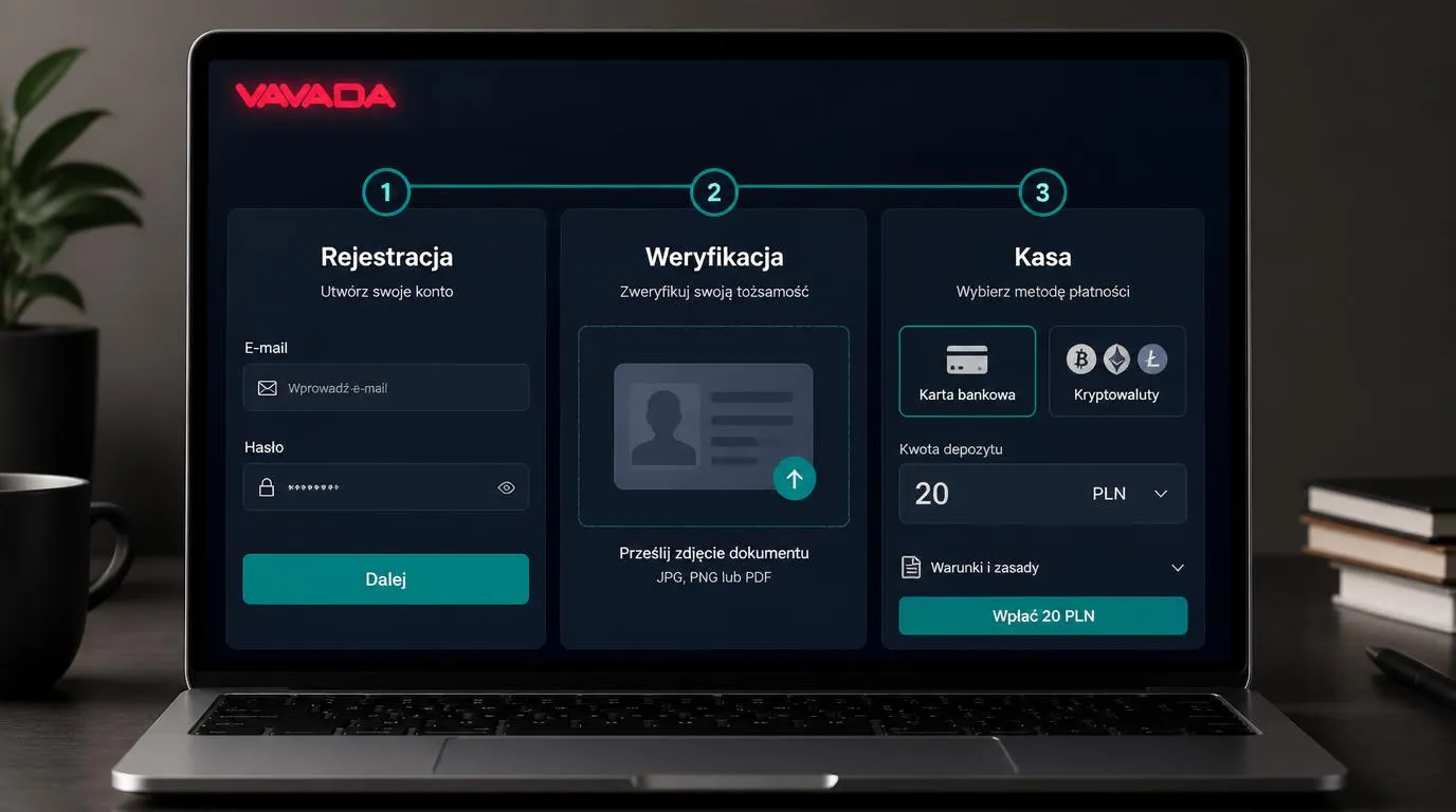 Panel rejestracji, weryfikacji tożsamości i kasy z wyborem karty oraz kryptowalut