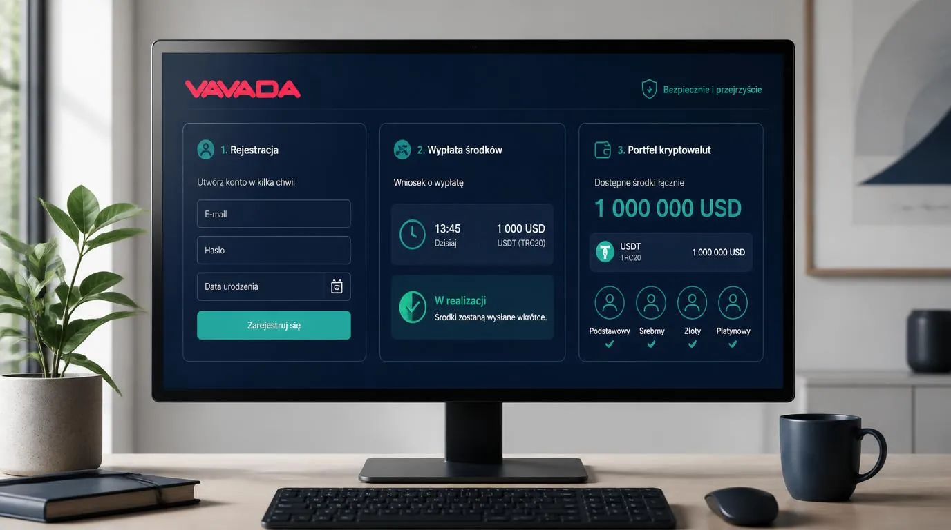 Panel kasyna z krótkim formularzem rejestracji, statusem wypłaty i limitem kryptowalutowym 1 000 000 USD